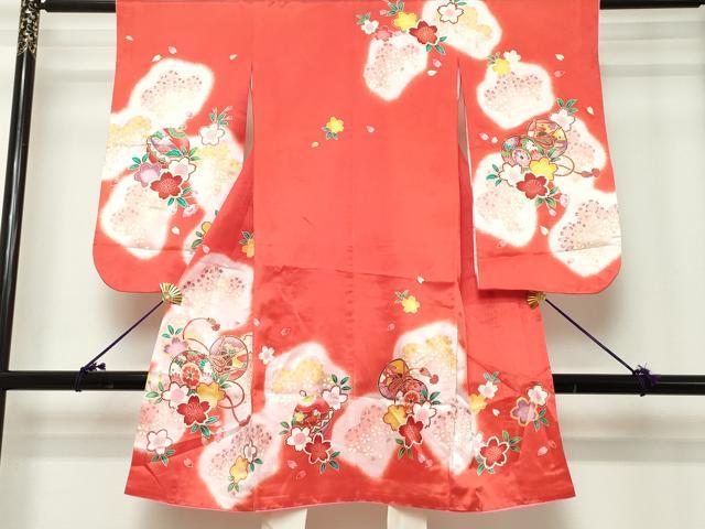 平和屋着物[]七五三　女の子　３歳　祝着　三つ身　鼓鈴花文　舞桜　暈し染め　金彩　DABH5212ea
