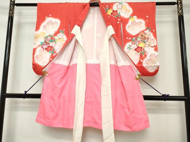 平和屋着物[]七五三　女の子　３歳　祝着　三つ身　鼓鈴花文　舞桜　暈し染め　金彩　DABH5212ea