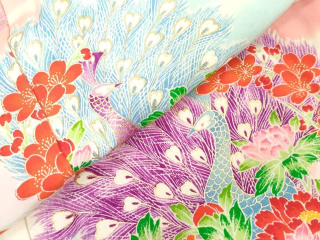 平和屋着物[]七五三　女の子　３歳　祝着　三つ身　孔雀紐花文　金彩　逸品　DABH5213ea