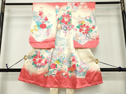 平和屋着物[]七五三　女の子　３歳　祝着　三つ身　駒刺繍　鴛鴦飾花文　暈し染め　逸品　DABH5214ea