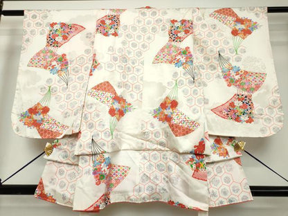 平和屋着物[]七五三　女の子　３歳　祝着　三つ身　扇面花文　亀甲繋ぎ　金彩　逸品　DABH5216ea