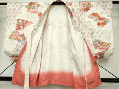 平和屋着物[]七五三　女の子　３歳　祝着　三つ身　扇面花文　亀甲繋ぎ　金彩　逸品　DABH5216ea