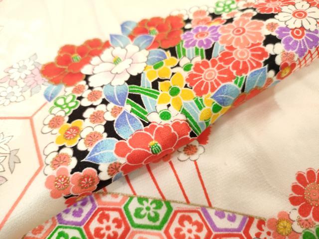 平和屋着物[]七五三　女の子　３歳　祝着　三つ身　扇面花文　亀甲繋ぎ　金彩　逸品　DABH5216ea