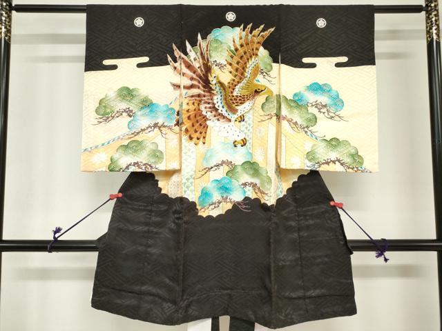平和屋着物[]お宮参り　男の子　祝着　産着　初着　のしめ　刺繍　鷹　鷲　笠松　金彩　洗える着物　DABH5222ea
