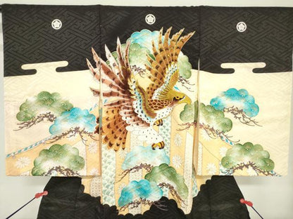 平和屋着物[]お宮参り　男の子　祝着　産着　初着　のしめ　刺繍　鷹　鷲　笠松　金彩　洗える着物　DABH5222ea