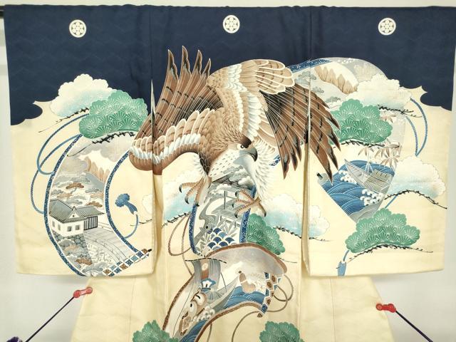平和屋着物[]お宮参り　男の子　祝着　産着　初着　のしめ　鷹　鷲　笠松　絵巻宝船文　逸品　DABH5224ea