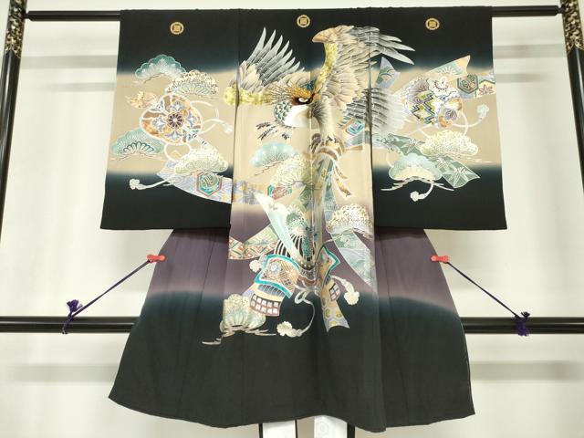 平和屋着物[]お宮参り　男の子　祝着　産着　初着　のしめ　刺繍　鷹　鷲　兜　笠松　暈し染め　金銀彩　逸品　DABH5225ea