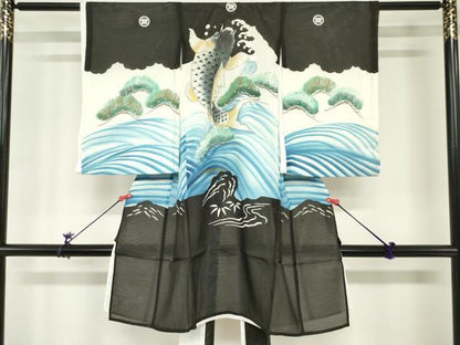 平和屋着物＊夏物　お宮参り　男の子　祝着　産着　初着　のしめ　絽　手描き　鯉　笠松　金彩　DABH5230ea