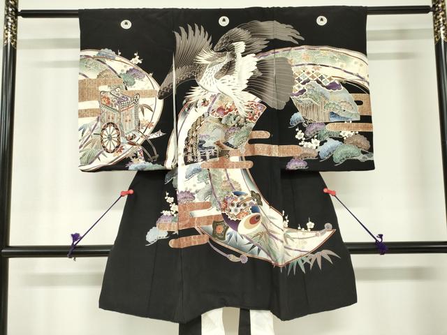 平和屋着物[]お宮参り　男の子　祝着　産着　初着　のしめ　鷹　鷲　松竹梅　御簾御所車文　金彩　逸品　DABH5234ea