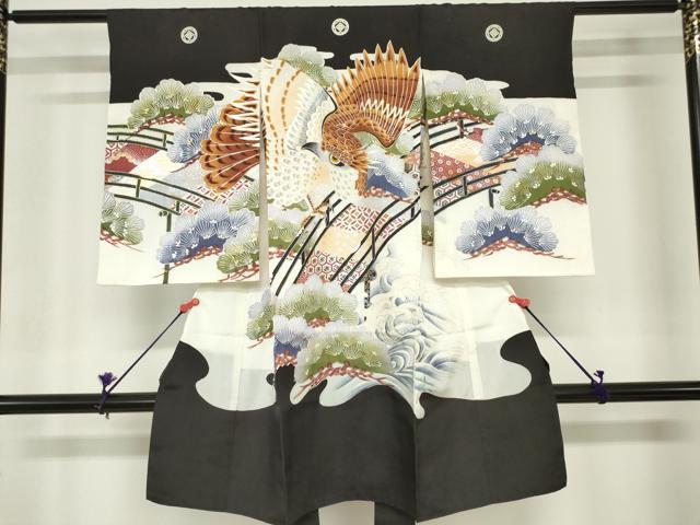 平和屋着物[]お宮参り　男の子　祝着　産着　初着　のしめ　駒刺繍　鷹　鷲　渡橋笠松文　金銀彩　逸品　DABH5235ea