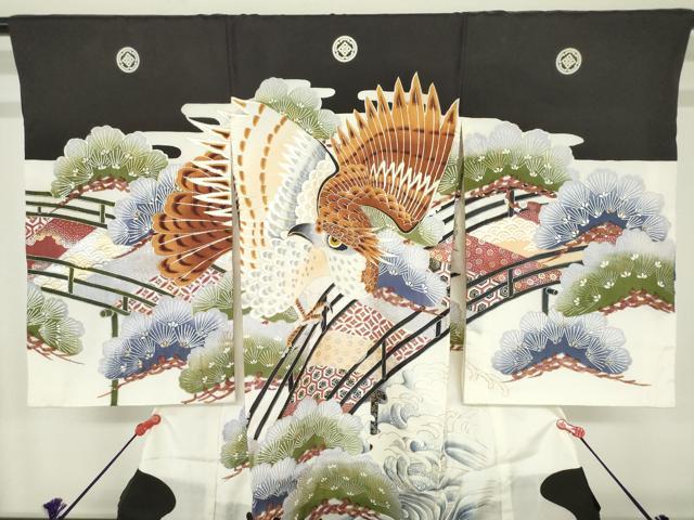 平和屋着物[]お宮参り　男の子　祝着　産着　初着　のしめ　駒刺繍　鷹　鷲　渡橋笠松文　金銀彩　逸品　DABH5235ea