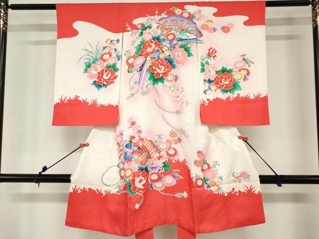 平和屋着物[]お宮参り　女の子　祝着　産着　初着　のしめ　檜扇牡丹花文　尾長鳥　暈し染め　金彩　逸品　DABH5239ea