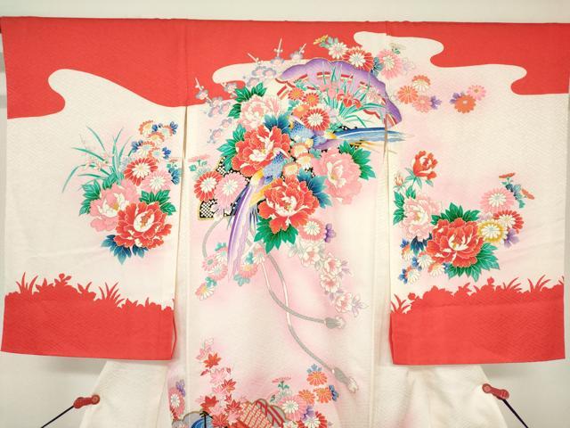 平和屋着物[]お宮参り　女の子　祝着　産着　初着　のしめ　檜扇牡丹花文　尾長鳥　暈し染め　金彩　逸品　DABH5239ea