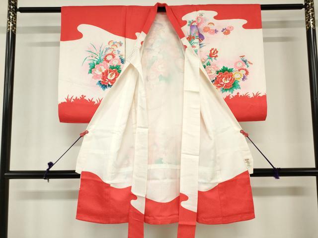 平和屋着物[]お宮参り　女の子　祝着　産着　初着　のしめ　檜扇牡丹花文　尾長鳥　暈し染め　金彩　逸品　DABH5239ea