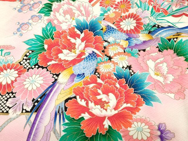 平和屋着物[]お宮参り　女の子　祝着　産着　初着　のしめ　檜扇牡丹花文　尾長鳥　暈し染め　金彩　逸品　DABH5239ea