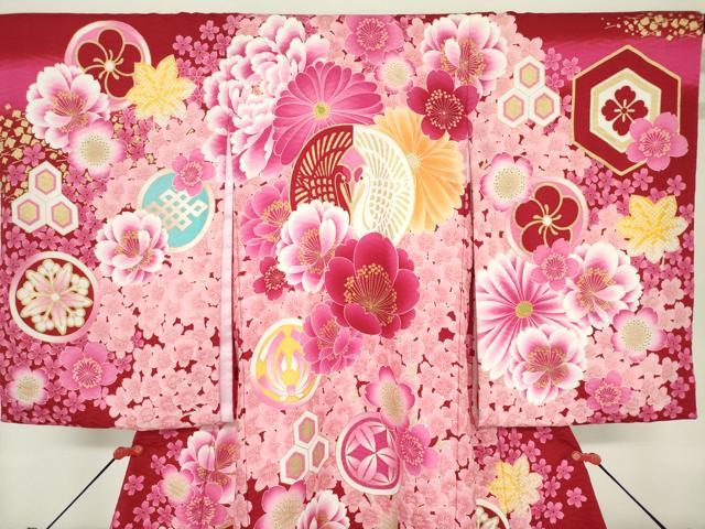 平和屋着物[]お宮参り　女の子　祝着　産着　初着　のしめ　JAPAN STYLE　双鶴花文　家紋並べ　金彩　洗える着物　DABH5243ea