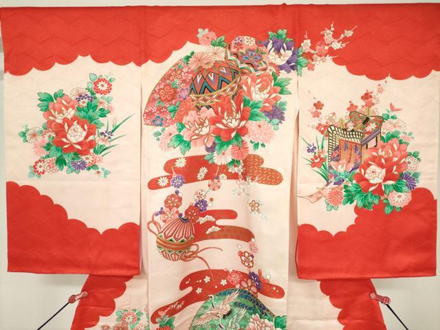 平和屋着物[]お宮参り　女の子　祝着　産着　初着　のしめ　飛鶴　御所車花鞠文　金彩　逸品　DABH5245ea