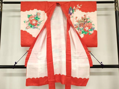 平和屋着物[]お宮参り　女の子　祝着　産着　初着　のしめ　飛鶴　御所車花鞠文　金彩　逸品　DABH5245ea