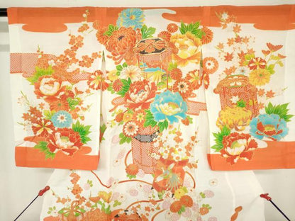 平和屋着物＊夏物　お宮参り　女の子　祝着　産着　初着　のしめ　絽　駒刺繍　貝桶花文　金彩　DABH5246ea