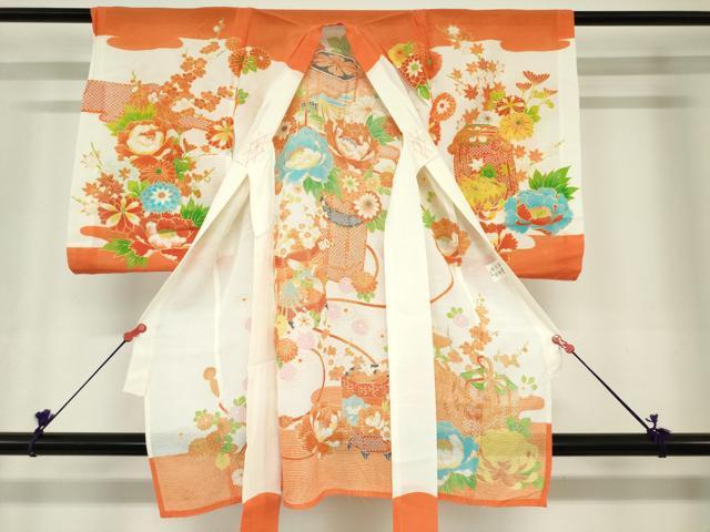 平和屋着物＊夏物　お宮参り　女の子　祝着　産着　初着　のしめ　絽　駒刺繍　貝桶花文　金彩　DABH5246ea