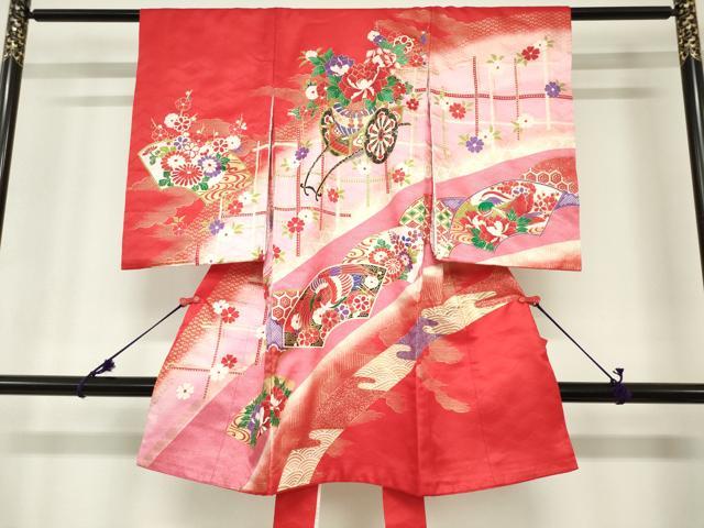 平和屋着物[]お宮参り　女の子　祝着　産着　初着　のしめ　地紙花車文　暈し染め　金彩　逸品　DABH5249ea