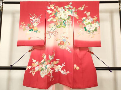 平和屋着物[]お宮参り　女の子　祝着　産着　初着　のしめ　花籠文　花車　暈し染め　金彩　逸品　DABH5252ea