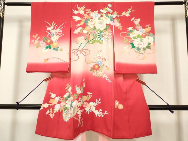 平和屋着物[]お宮参り　女の子　祝着　産着　初着　のしめ　花籠文　花車　暈し染め　金彩　逸品　DABH5252ea