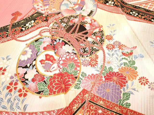 平和屋着物[]七五三　女の子　３歳　祝着　三つ身　駒刺繍　舞蝶花鼓文　金彩　DABH5255ea