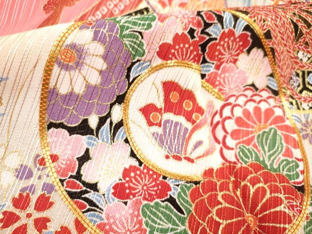 平和屋着物[]七五三　女の子　３歳　祝着　三つ身　駒刺繍　舞蝶花鼓文　金彩　DABH5255ea