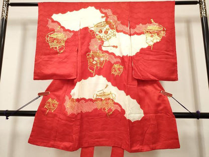 平和屋着物[]お宮参り　女の子　祝着　産着　初着　のしめ　駒刺繍　絞り　糸車文　逸品　DABH5256ea