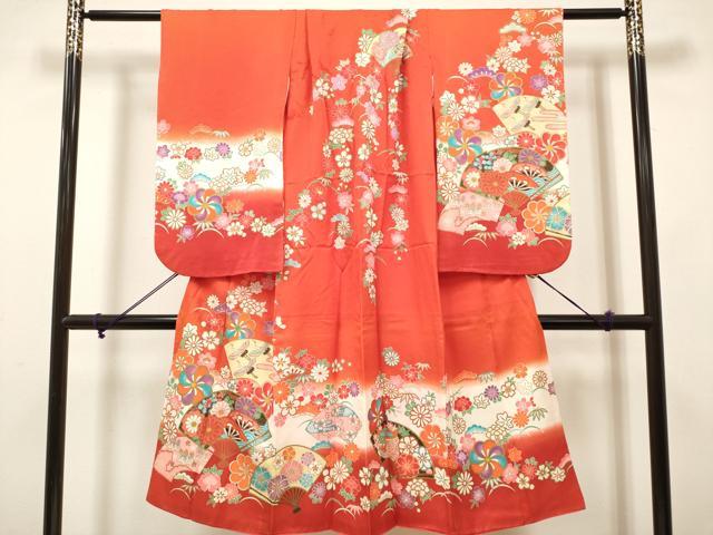 平和屋着物[]七五三　女の子　７歳　祝着　四つ身　扇面花文　枝垂れ桜　松竹梅　暈し染め　金彩　DABH5257ea