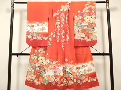 平和屋着物[]七五三 女の子 ７歳 祝着 四つ身 扇面花文 枝垂れ桜 松竹梅 暈し染め 金彩 DABH5257ea