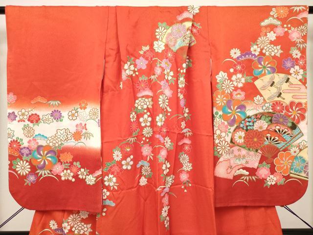 平和屋着物[]七五三　女の子　７歳　祝着　四つ身　扇面花文　枝垂れ桜　松竹梅　暈し染め　金彩　DABH5257ea