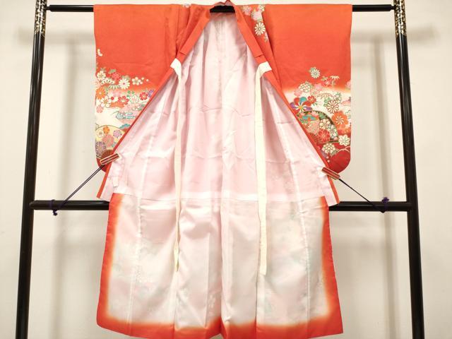 平和屋着物[]七五三　女の子　７歳　祝着　四つ身　扇面花文　枝垂れ桜　松竹梅　暈し染め　金彩　DABH5257ea