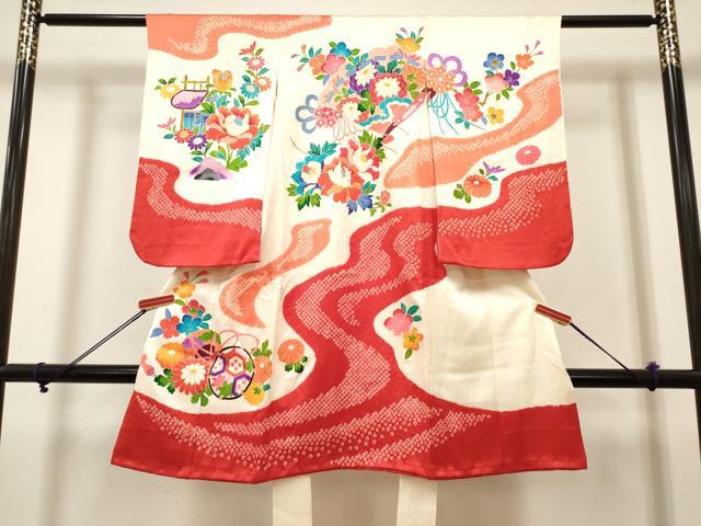 平和屋着物[]七五三　女の子　３歳　祝着　三つ身　絞り　檜扇花鼓文　金彩　逸品　DABH5258ea