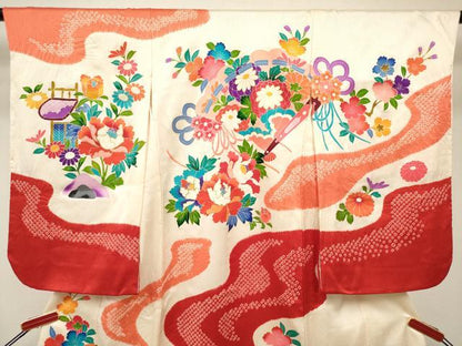 平和屋着物[]七五三　女の子　３歳　祝着　三つ身　絞り　檜扇花鼓文　金彩　逸品　DABH5258ea