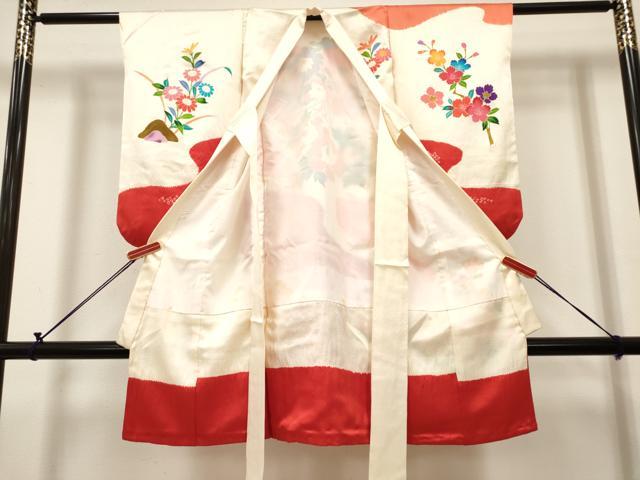 平和屋着物[]七五三　女の子　３歳　祝着　三つ身　絞り　檜扇花鼓文　金彩　逸品　DABH5258ea