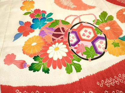 平和屋着物[]七五三　女の子　３歳　祝着　三つ身　絞り　檜扇花鼓文　金彩　逸品　DABH5258ea