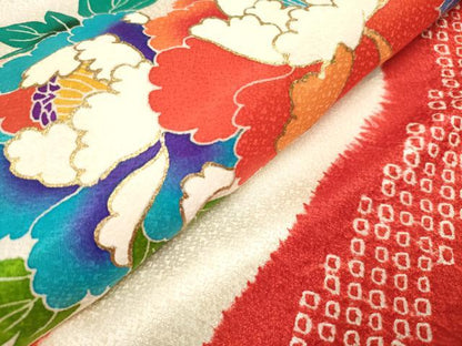 平和屋着物[]七五三　女の子　３歳　祝着　三つ身　絞り　檜扇花鼓文　金彩　逸品　DABH5258ea