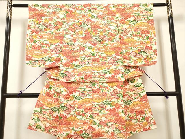 平和屋着物[]七五三　女の子　７歳　祝着　四つ身　型染　青海波花文　松竹梅　逸品　DABH5260ea