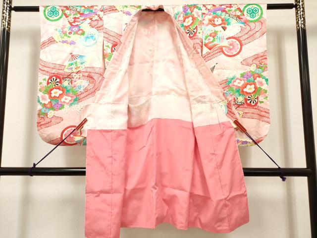 平和屋着物[]七五三　女の子　３歳　祝着　三つ身　扇面花車文　家紋散らし　逸品　DABH5261ea