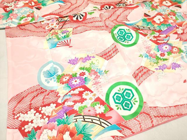 平和屋着物[]七五三　女の子　３歳　祝着　三つ身　扇面花車文　家紋散らし　逸品　DABH5261ea