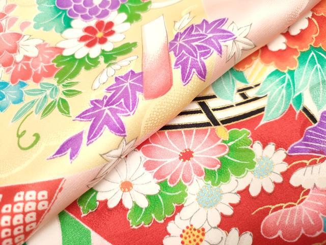 平和屋着物[]七五三　女の子　３歳　祝着　三つ身　扇面花車文　家紋散らし　逸品　DABH5261ea