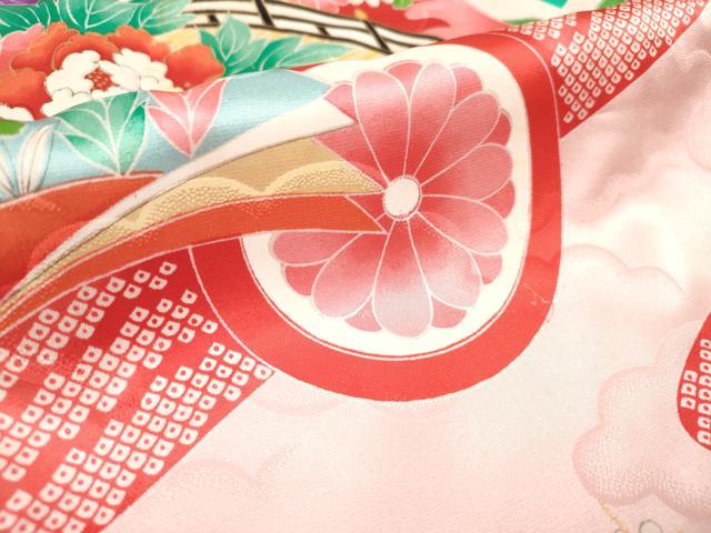 平和屋着物[]七五三　女の子　３歳　祝着　三つ身　扇面花車文　家紋散らし　逸品　DABH5261ea
