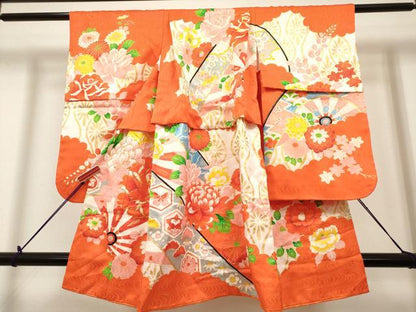 平和屋着物[]七五三 女の子 ３歳 祝着 三つ身 駒刺繍 片輪車花文 金彩 逸品 DABH5262ea