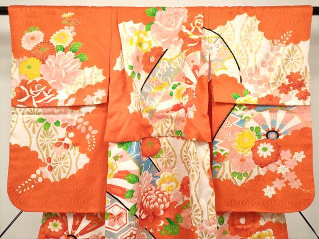 平和屋着物[]七五三　女の子　３歳　祝着　三つ身　駒刺繍　片輪車花文　金彩　逸品　DABH5262ea
