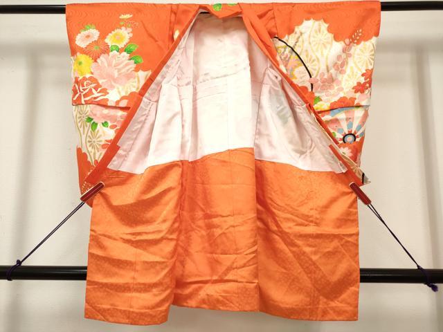 平和屋着物[]七五三　女の子　３歳　祝着　三つ身　駒刺繍　片輪車花文　金彩　逸品　DABH5262ea