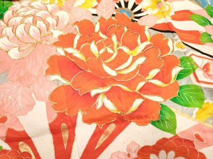 平和屋着物[]七五三　女の子　３歳　祝着　三つ身　駒刺繍　片輪車花文　金彩　逸品　DABH5262ea