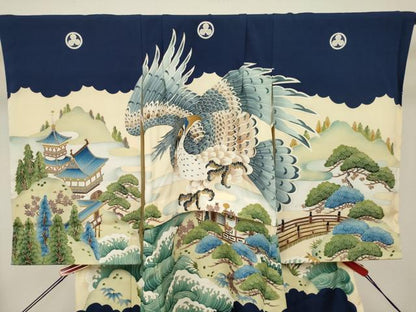 平和屋着物[]お宮参り　男の子　祝着　産着　初着　のしめ　鷹　鷲　風景松文　金彩　逸品　DABH5264ea