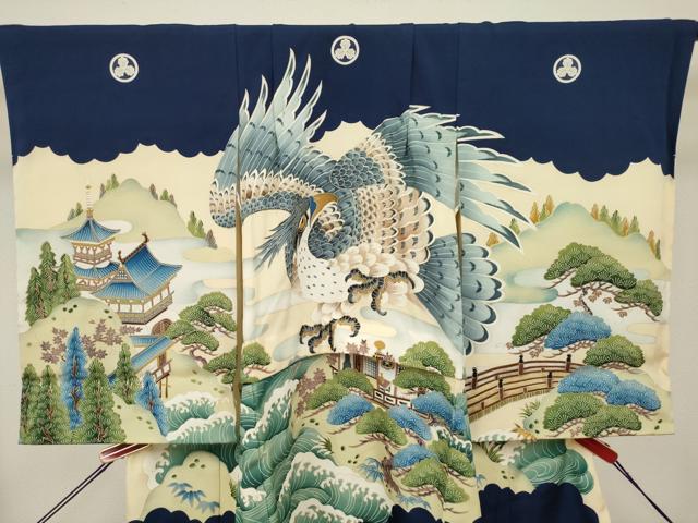 平和屋着物[]お宮参り　男の子　祝着　産着　初着　のしめ　鷹　鷲　風景松文　金彩　逸品　DABH5264ea
